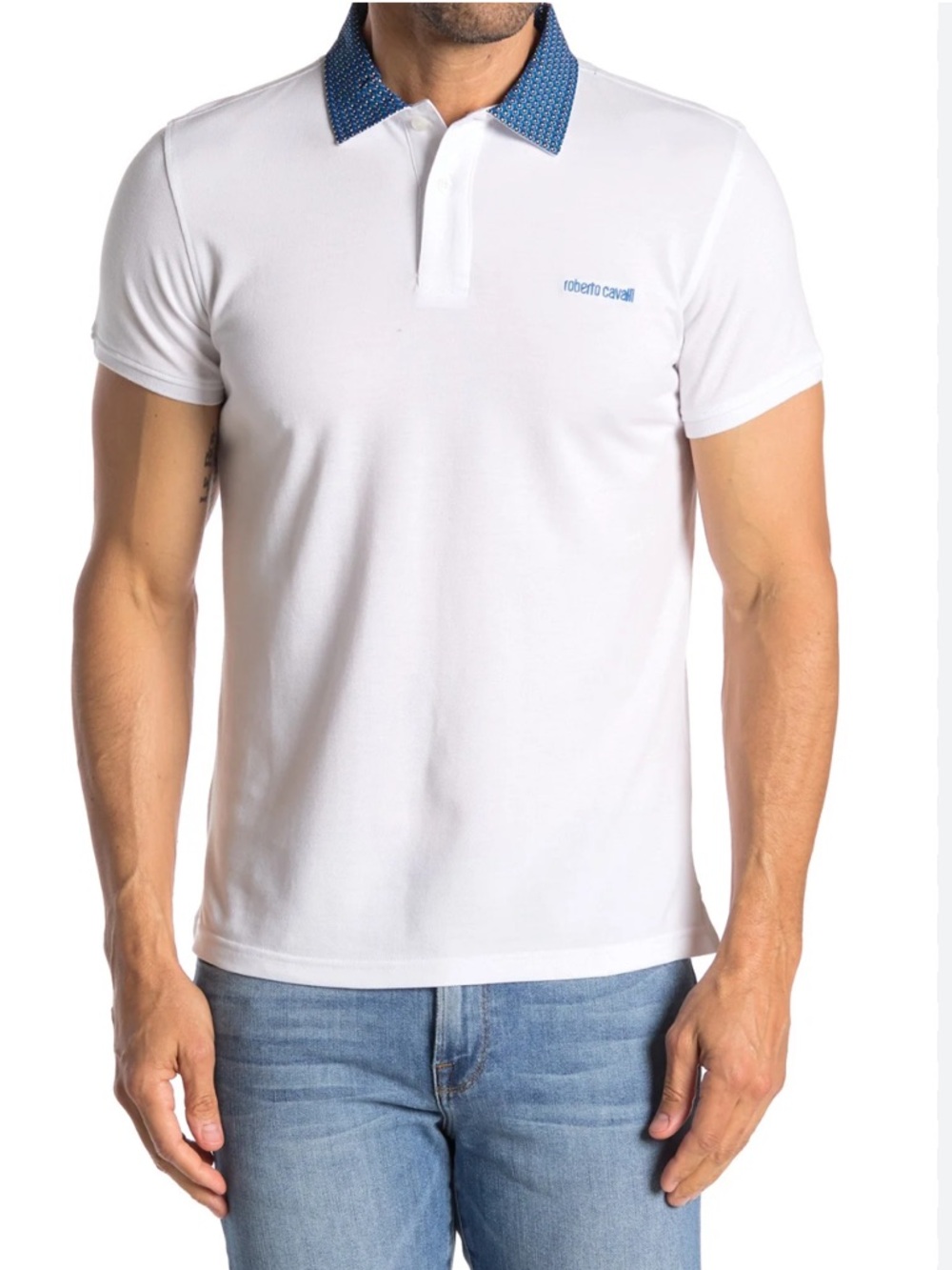 New Roberto Cavalli White Blue Collar Polo Shirt M